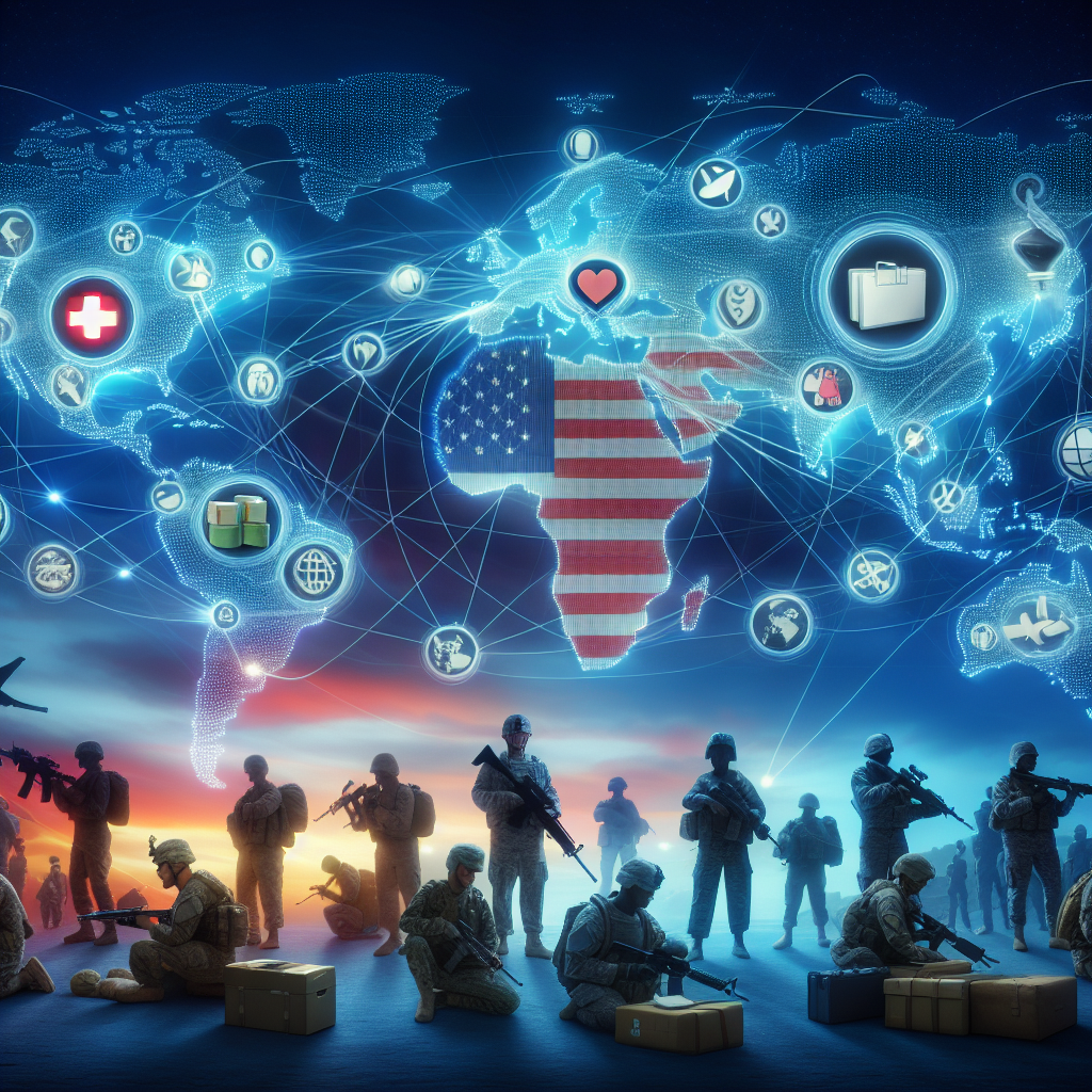A depiction of a dynamic world map with symbolic representations of military aid emanating from the location of the United States to various parts of the globe. Show an array of military items such as medical kits, food parcels, and intelligence equipment symbolizing aid. Also include diverse soldiers from various descents like Caucasian, Black, Hispanic, Middle-Eastern, South Asian, working in harmony in the background, representing the global security commitments. Use a backdrop of a serene twilight sky signifying peace and hope. Please ensure the tone of the image is respectful and balanced.
