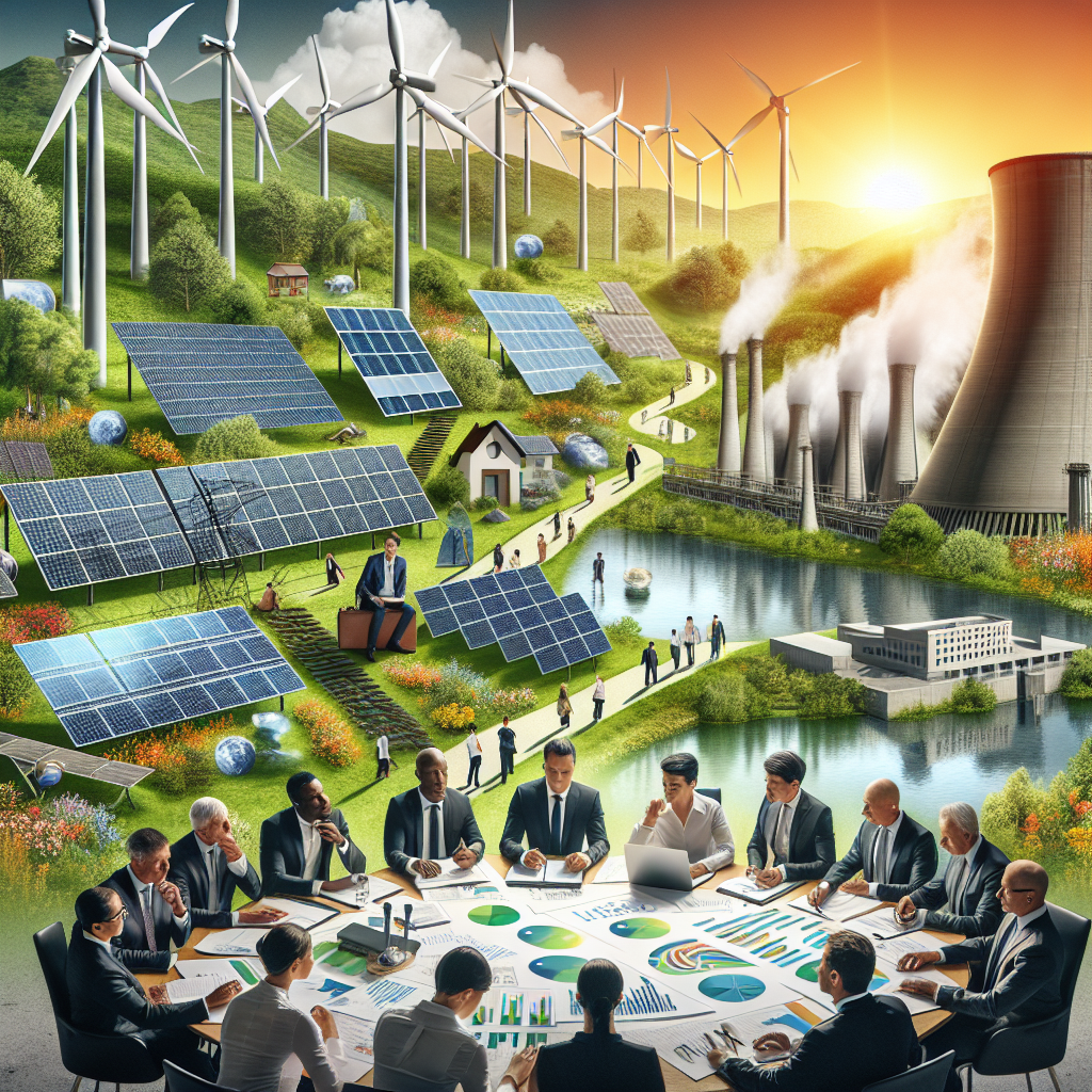 A detailed image portraying a variety of renewable energy sources, including wind turbines, solar panels, and a hydroelectric dam, all set against a lush green landscape. In the foreground, diverse people of varying descents such as Caucasian, Hispanic, and Black, both males and females, corporate leaders and lawmakers, are debating and strategizing over a table filled with documents labeled 'Clean Energy Investments'. In the back, the silhouette of a traditional coal power plant is setting with the sun, signifying the transition towards sustainable alternatives.