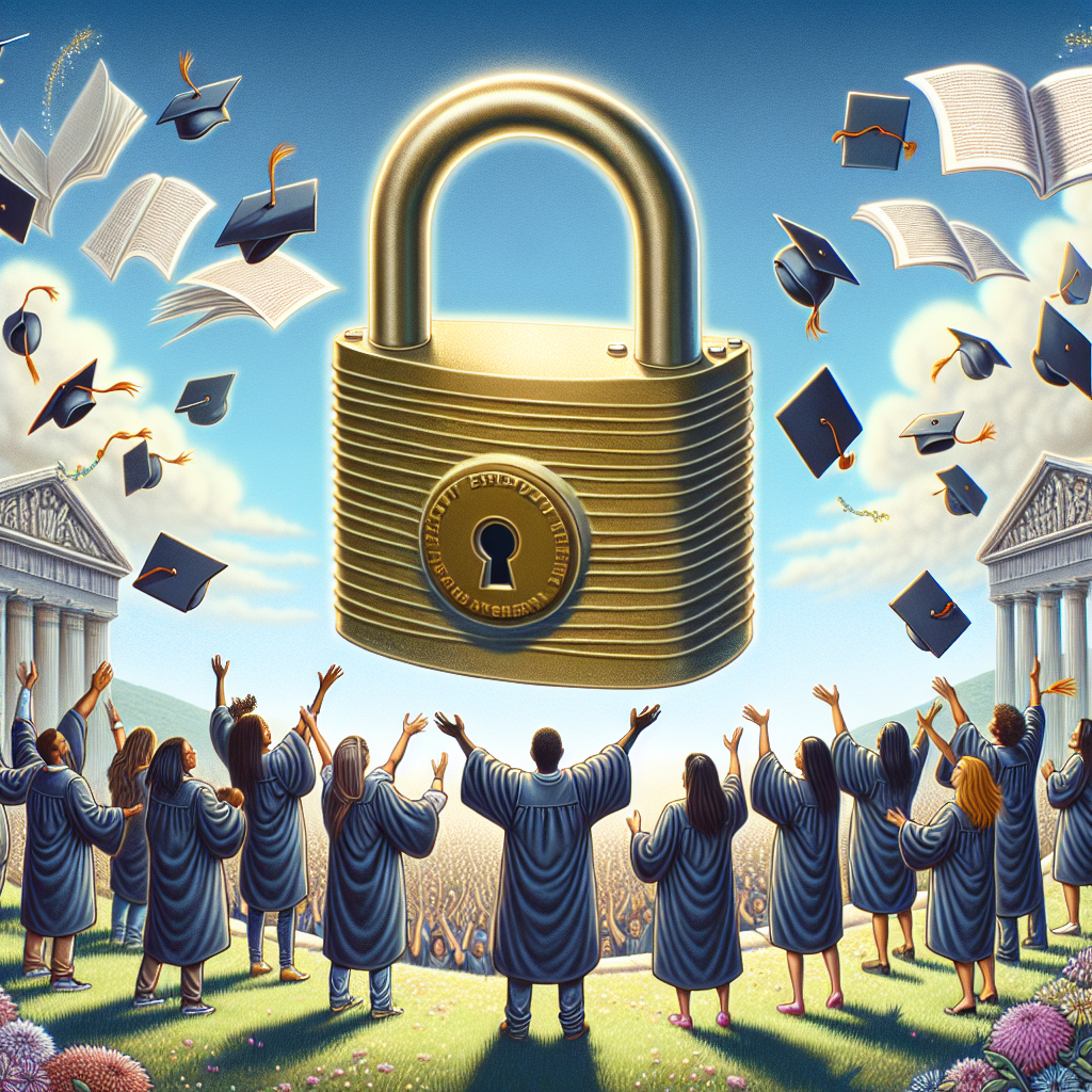 A detailed and informative landscape featuring a diverse group of students of various descents including Hispanic, Caucasian, and Middle-Eastern, jubilantly tossing their graduation caps into a clear sky. The smiles on their faces show their relief. In the foreground, a large, shimmering, golden padlock, once closed, is now unlocked and swinging open, symbolizing the easing of their indebtedness. Words 'Student Loan Forgiveness' and 'Effortless Repayment Updates' are ethereally appearing in the sky as part of the celebratory atmosphere.