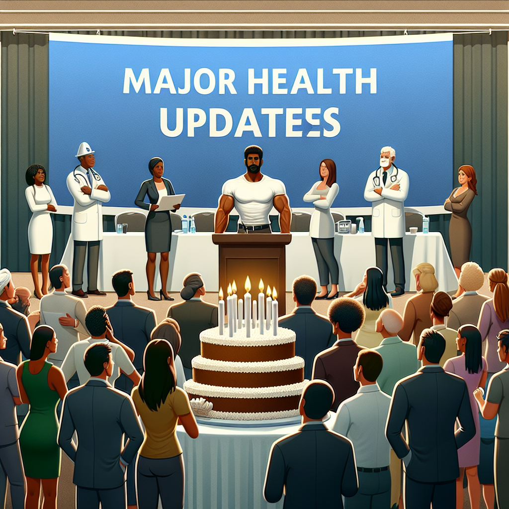 An image showcasing a wellness-themed milestone gathering. At the center, an anonymous public figure, distinguished by their athletic physique, is giving a speech on health updates. There is a banner behind them reading 'Major Health Updates.' Surrounding them are various people from different occupations, reflecting equal gender representation and a variety of descents: Black, Hispanic, Caucasian, Middle-Eastern, South-Asian. The crowd listens attentively, some taking notes. In the foreground, a large cake adorned with five candles, each representing a key health aspect: mental, physical, emotional, social, and environmental. The setting is an elegant banquet hall.