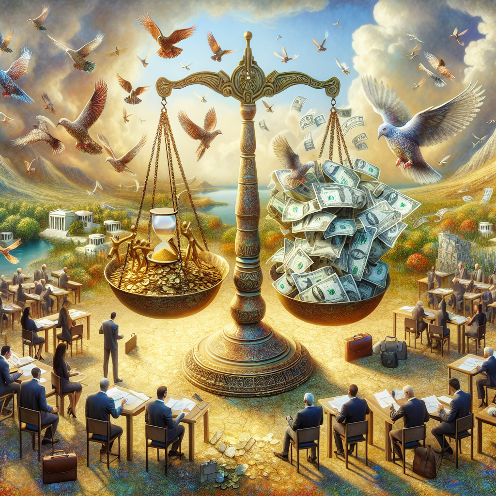 Create an intricate and detailed image illustrating the concept of the Federal Reserve's interest rate decisions and their influence on managing inflation. Display a vast, picturesque realm inhabited by currency notes morphing into birds, taking flight to represent fluctuating interest rates. A large, ancient styled weighing scale in the center of the scene, balancing gold ingots on one side and an hourglass signifying time on the other, symbolizes the delicate balance of inflation management. Various individuals from diverse descents like Caucasian, Hispanic and South Asian, dressed in professional attire, study and decode the scene from the corners - a metaphorical representation of strategists at work.