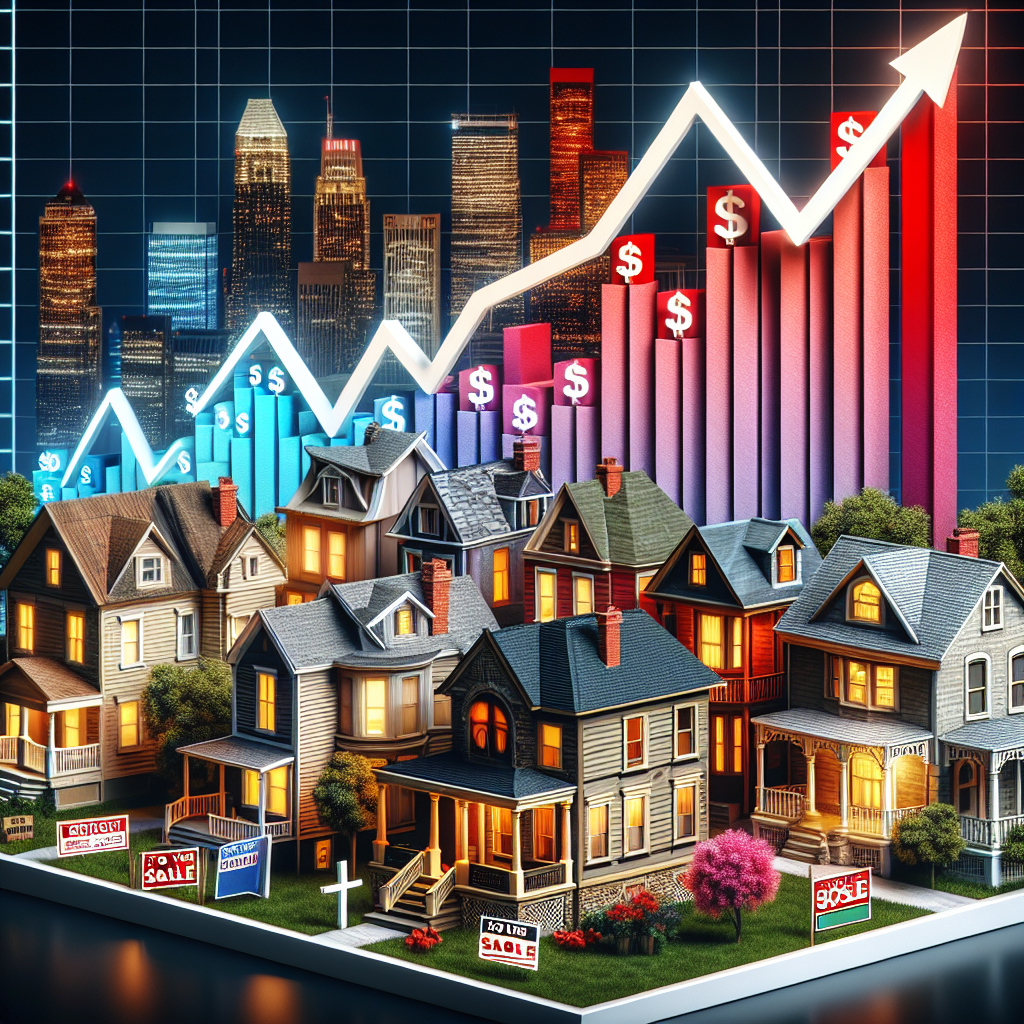 A vivid representation of the US housing market crisis under the weight of rising mortgage rates. Display a spectrum of American homes ranging from suburban detached houses, multistorey buildings in a bustling city to an idyllic farmhouse in a rural setting. Each structure should exhibit signs of stress, like cracks, 'for sale' signs, and foreclosure notices. Alongside, visualize an upward trending arrow superimposed with dollar symbols, signifying the mounting mortgage rates. For context, depict a chart on a billboard, or a digital screen, in the background with red bars indicating the downfall.