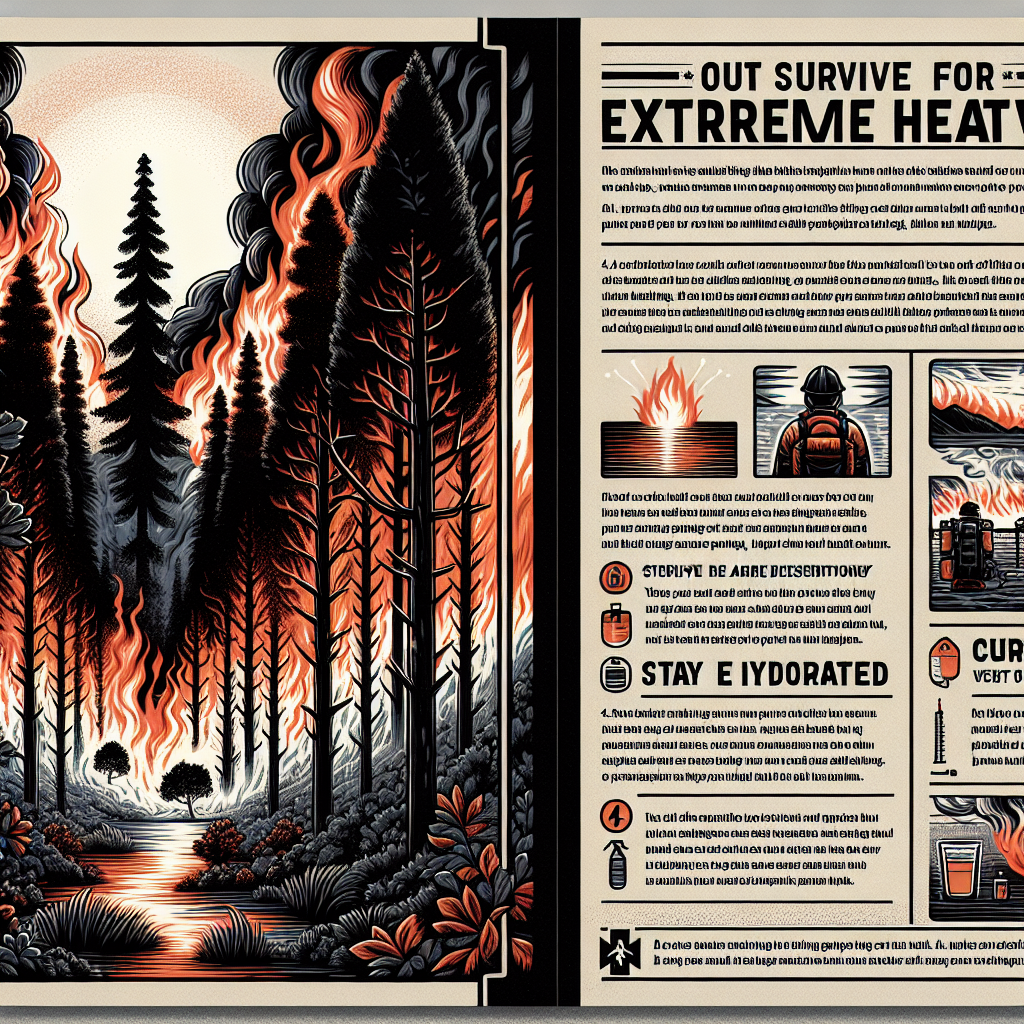 A detailed illustration showcasing a chaotic and intense wildfire scene on one half, showing tall trees ablaze with bold orange and red flames, black smoke billowing up against a dusky sky. The other half of the image features an informational section with must-have tips for surviving extreme heatwaves. This section is designed with a clear, easy-to-read font and simple illustrations depicting crucial tips such as staying hydrated, avoiding direct sunlight, and keeping emergency supplies handy.