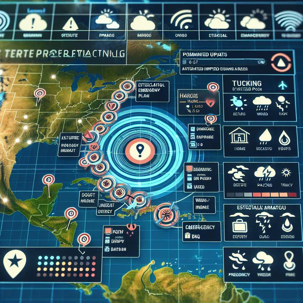 Depict a hurricane tracking map in an alert system interface, with real-time updates, prominent paths, anticipated impacts, and key emergency areas marked. Overlay this map is a list of essential preparedness tips like securing your home, creating an evacuation plan, and packing an emergency bag. Include weather-themed iconography such as storm clouds, wind direction, and tropical cyclones.
