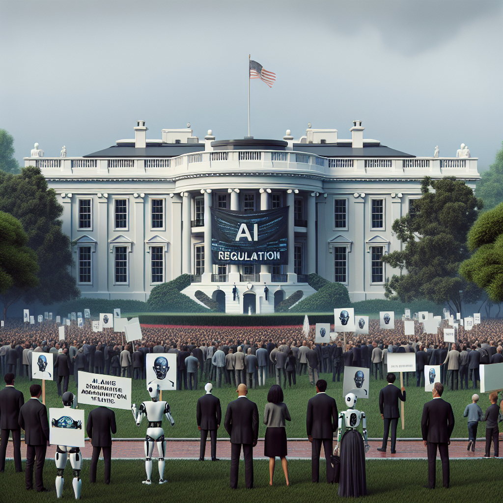 A grand government building with a white facade symbolizing the White House, situated in verdant surroundings. A large banner is unfurled across the building, reading 'AI Regulation'. In the foreground, various people of mixed descent and genders are engaged in a peaceful demonstration, holding placards that depict robotic heads and phrases about Artificial Intelligence policies. The atmosphere is serious, calm, and focused, reflecting the gravity of the topic.