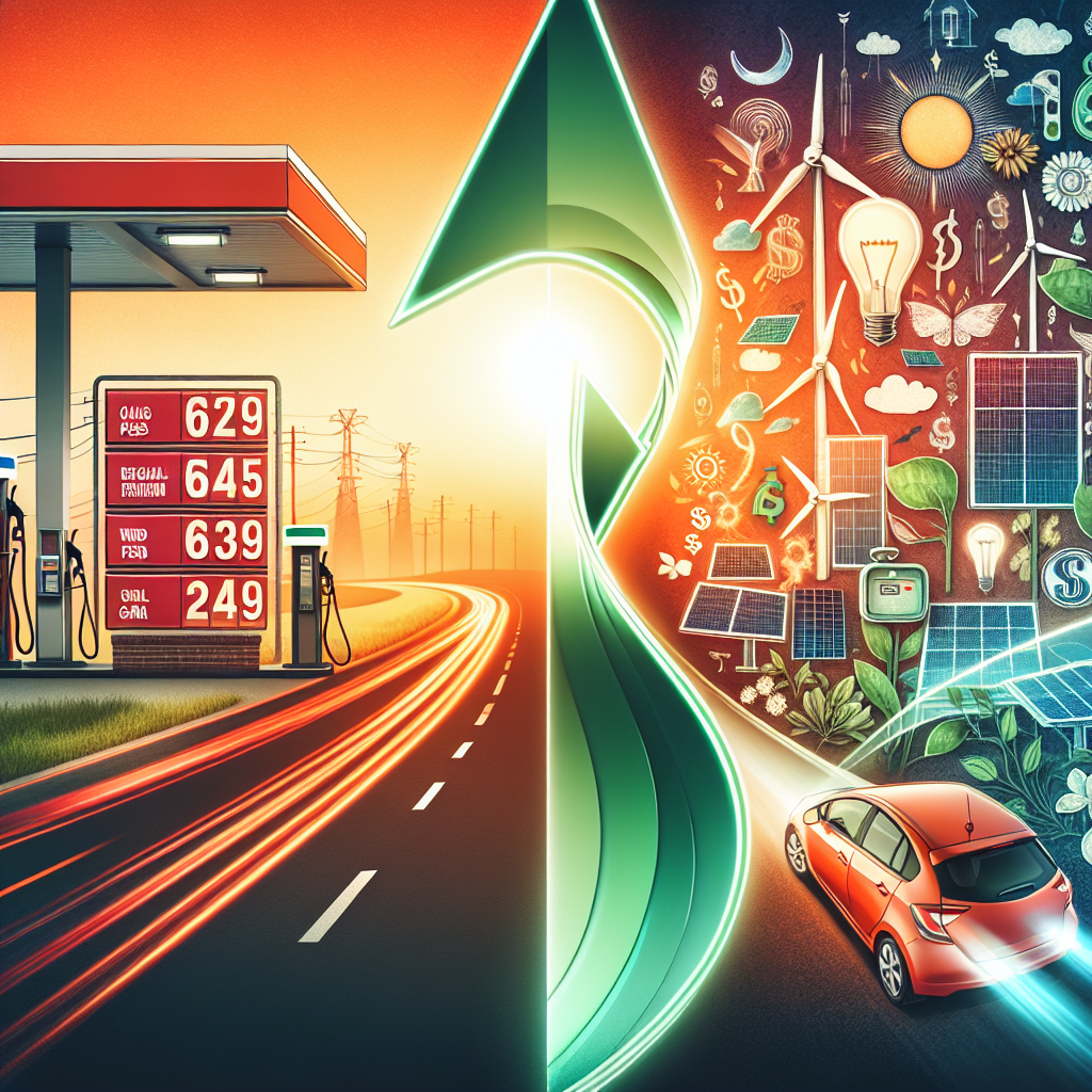 An image presenting an illustrative montage displaying the topic of US energy policy. The left portion of the image illustrates rising gas prices by showing a traditional gas station sign with numbers on it illustrating high prices for regular and premium gasoline. The right portion of the image depicts solutions; an array of renewable energy methods such as wind turbines, solar panels, and electric cars being charged. Between these contrasting elements flows a large, stylized arrow transitioning from a vibrant red to a calming green, symbolizing the change.