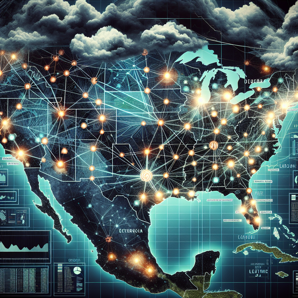 A detailed illustration of a nationwide power grid map with a bold overlay of warning symbols indicating areas at risk of blackout. The power grid is depicted as a complex network of nodes and connectors, with city names and bright lines representing electrical connections. Dark clouds are looming overhead and shadows symbolizing power grid failures creep across the land, indicating an imminent crisis. Insets provide focused views of specific risk areas, and charts and graphs to the side quantify the risks and potential impact of the power grid failures.