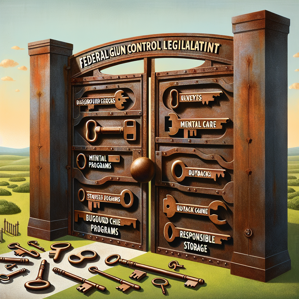 A conceptual illustration demonstrating best strategies to curb gun violence related to federal gun control legislation. The image should feature a large, rusted, ancient iron gate symbolizing legislation, with different strategies seen as a variety of keys. The keys could range in shapes and sizes, embodying strategies like background checks, mental health care, buyback programs, and responsible storage. Around the gate, there could be a peaceful scene with lush green fields and a clear sky, signifying a society free from gun violence.