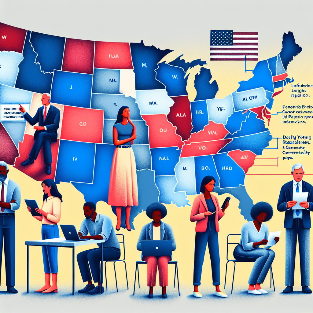 A conceptual artwork showing the map of the United States partitioned in states, with some states highlighted to denote voting law changes. Meanwhile, a diverse group of people - an Asian woman, a Middle-Eastern man, a Black woman, and a White man - are depicted engaging in various activities suggestive of informed voting strategies, such as reading legal documents, participating in community meetings, using technology to stay informed, and standing in line for early voting. They stand firm and confident, embodying the spirit of proactive civic participation.