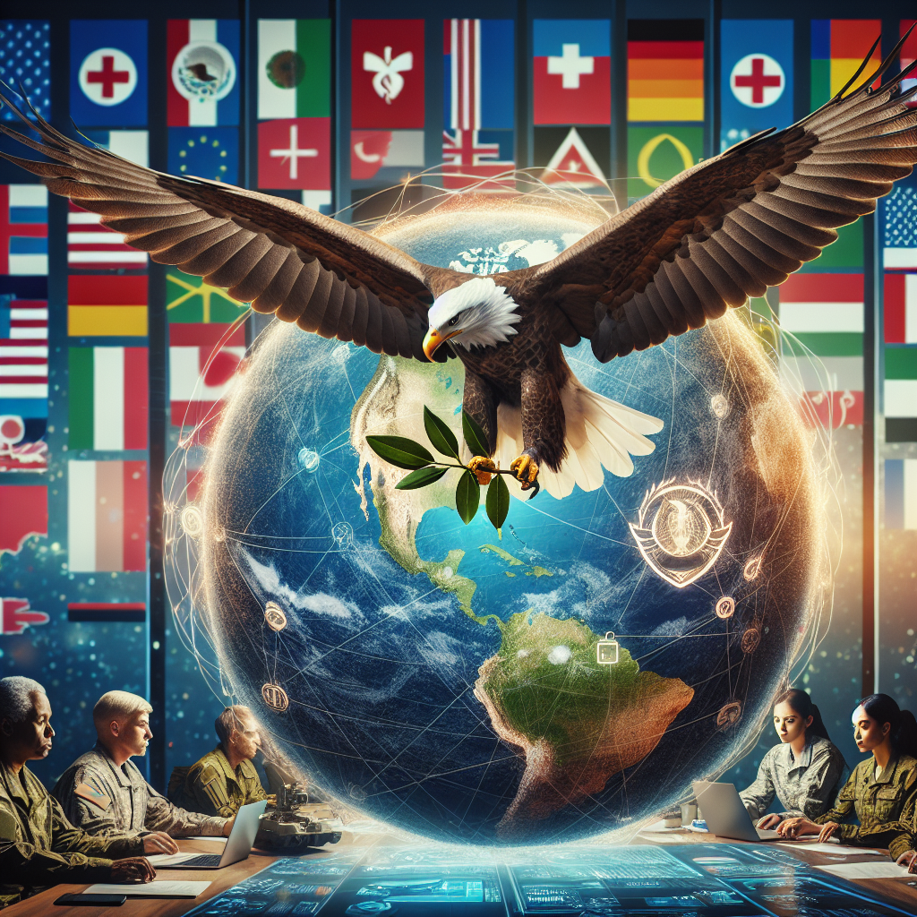 Picture an eagle soaring over the globe, clutching an olive branch in its talons, representing peace. The globe is dotted with symbols depicting medical aid, food resources, and technological advancements indicating military aid. The background consists of various international flags subtly blended, symbolizing global cooperation. In the foreground, a diverse group of military strategists, comprising of a Hispanic female, a Caucasian male, a Black female and a South Asian male, gathered around a table studying detailed maps and digital screens displaying data information.