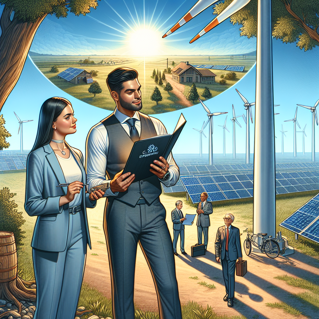 A detailed scene in which a Caucasian woman in a business suit and a Middle-Eastern man in professional attire are standing next to a large wind turbine. They are both examining a document titled 'Clean Energy Investments'. In the background, there are solar panels spread out over a vast field. The sun is shining in bright blue sky, signifying a brilliant future of renewable energy. Nearby, under a shady tree, is a small gathering of people of various descents, holding signs supporting climate change legislation.