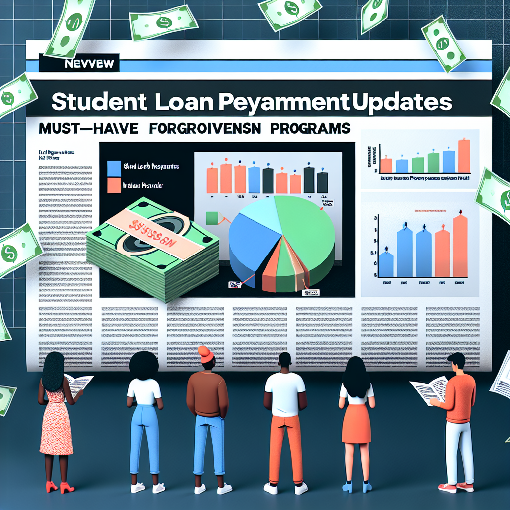 Visualise a digital newspaper webpage detailing updates on student loan repayment. The main headline reads, 'Student Loan Repayment Updates: Must-Have Forgiveness Programs'. Accompany the headline with an infographic, comprised of pie charts, elaborate graphs, and statistics, symbolizing data on loan repayments and forgiveness programs. Scattered 3D dollar notes float around the infographic depicting the monetary aspect. On one corner of the page, a diverse group of theoretical people—Black female, White male, and Hispanic non-binary character—are shown as representations of students, deeply engrossed in reading the article.