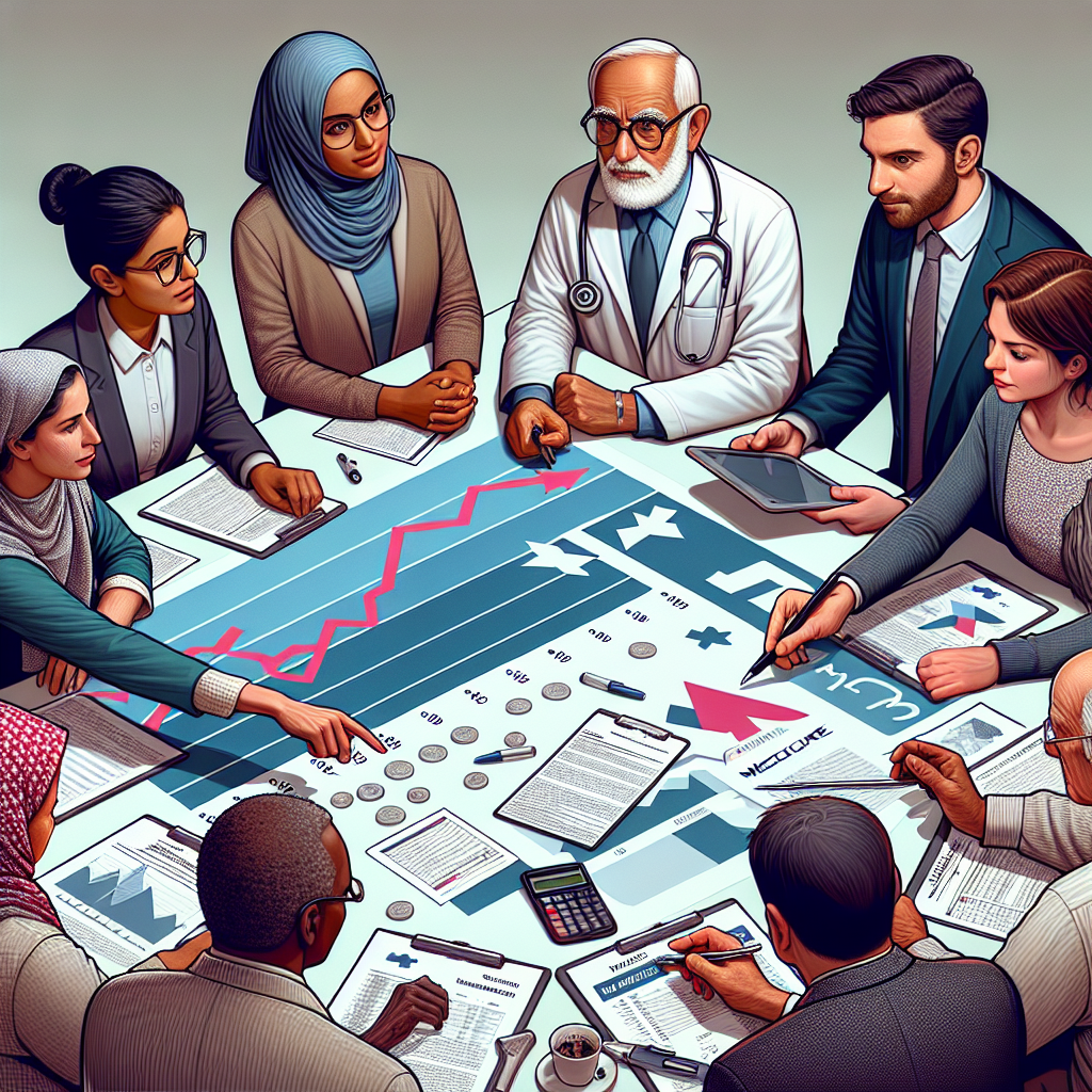 An illustrative and factual image of a diverse group of people, including a Caucasian male doctor with a stethoscope, a South Asian woman, a Black elderly man holding glasses, a Middle-Eastern young woman with a hijab, and a Hispanic middle-aged man, all gathered around a large white table. On the table are piles of reports and forms, a calculator and tablet displaying the Medicare logo. Everyone seems to be actively discussing cost savings; the doctor is explaining something, using a pen to point at a chart that displays declining numbers - indicating falling healthcare costs.