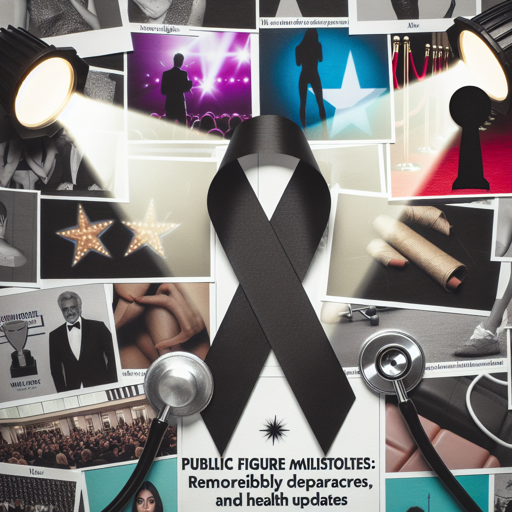 A collage of markers symbolizing major life events such as a spotlight for career highlights, a black ribbon for sorrowful moments, and a stethoscope for health updates. Interspersed throughout the collage are blurred, non-identifiable photos indicative of the celebrity world like an awards ceremony podium, an anonymous red carpet moment, and workout images. Text over the image reads 'Public Figure Milestones: Remarkable Reveals, Sorrowful Departures, and Health Updates'. The entire image has a glossy magazine cover style.