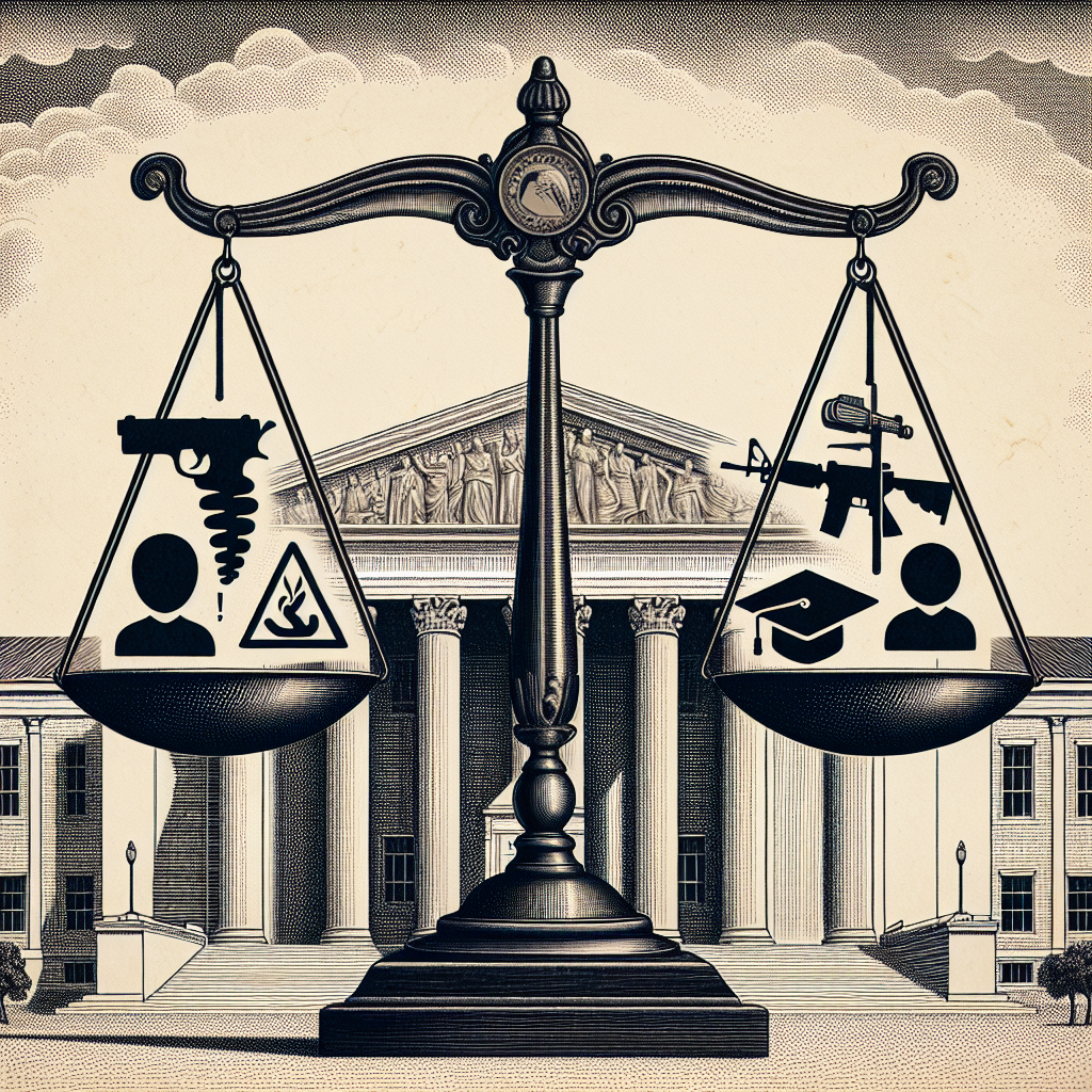 Visualize a scene representing important legal rulings. An illustration for an article, featuring a balanced beam scales finely detailed that represents justice, with 3 different symbols on each scale pan: a medical symbol representing health issues like abortions, a firearm icon depicting gun laws, and a graduation cap for student loans. Background to depict a classical architectural building, engraving style to give antique effect without implying any specific courthouse. Do not include any real individuals or identifiable emblems.