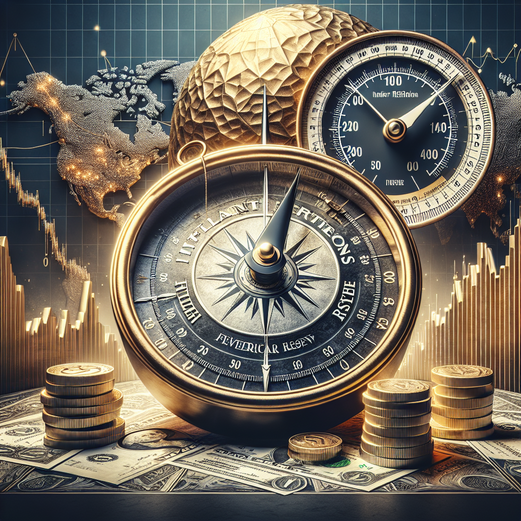 A composition illustrating the concept of inflation and its connection to the Federal Reserve's policy on interest rates. In the foreground, there's a directional compass with the economic terms 'inflation', 'interest rates', and 'Federal Reserve' written on it. The compass needle points towards 'inflation'. In the background, a massive textured gold coin represents the economy. Above this, a barometer akin to an old-fashioned circular weather barometer measures the 'temperature' of the economy, with pointers fluctuating between 'low' and 'high'. All these are set against a sophisticated, detailed backdrop of a stylized stock market chart.