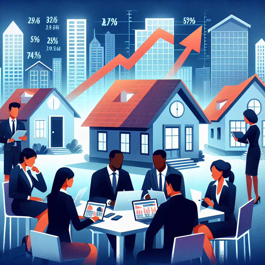Illustrate a graphic representation of an urban housing market in turmoil with a bar chart showing rising mortgage rates. In the foreground, a diverse group of individuals, such as a Middle-Eastern female real estate consultant, a Black male financial advisor, and an Asian female home buyer, are strategizing around a table filled with graphs and laptop screens displaying real estate websites. The environment should be serious yet hopeful, signifying the importance of smart planning and strategy in navigating financial crises.