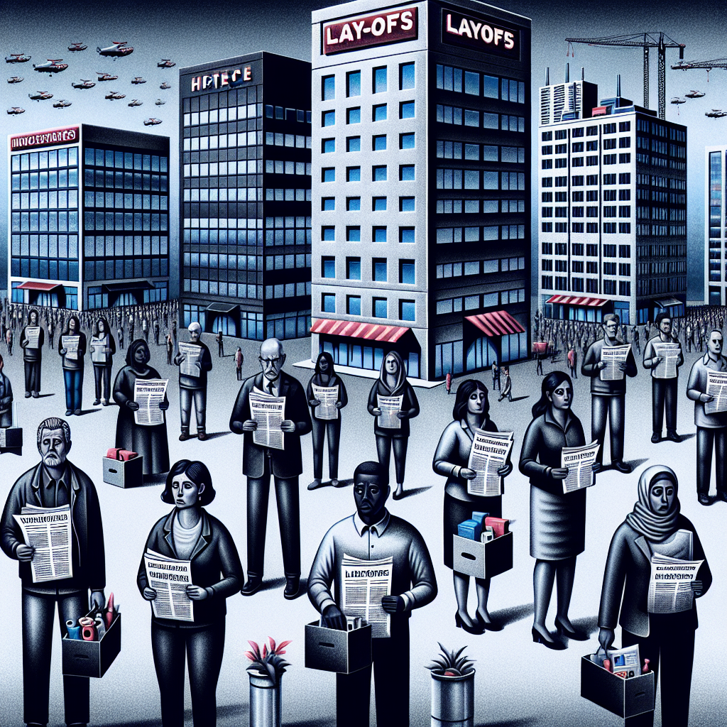 A symbolic representation of a group of buildings resembling typical high-tech corporate campuses, with darkened windows and closed doors, signifying a silent and inactive state. In the foreground, a varied group of people who portray a diverse workforce (including Caucasian, Hispanic, Black, Middle-eastern, South Asian genders) looking dejected and walking away from these buildings, holding boxes with personal effects as if they have just been laid off. Surrounding the scene are newspaper headlines swirling in the wind, reading 'Massive Layoffs at Tech Giants'.