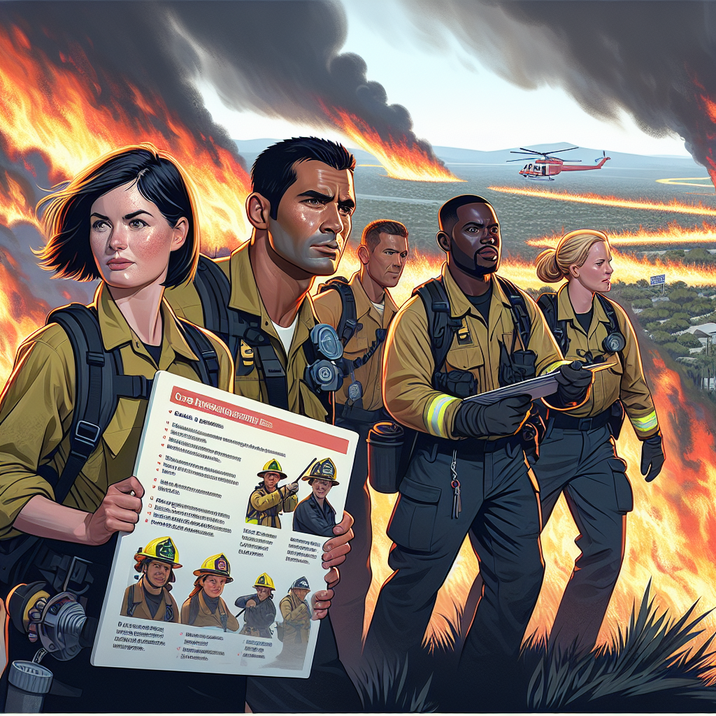 Illustrate an diverse group of firefighters, consisting of a Caucasian woman, a Hispanic man, a Black man, and a Middle-Eastern woman. They are in their fireproof uniforms, vigorously battling a massive wildfire under the scorching sun. The heatwaves are tangible, distorting the air above the raging flames. In the foreground, there is a poster depicting a list of strategies to combat wildfires. This includes items like 'create a perimeter', 'use helicopters for aerial assistance' and 'carry ample water resources'. The distant background shows a clear demarcation where the greenery ends, marking the firebreak.