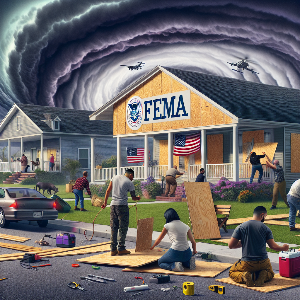An image displaying a scene of emergency preparedness for the upcoming hurricane season. A ground view of a suburban neighborhood where individuals of various descents; Caucasian, Hispanic, Black, Middle-Eastern, South Asian, and East Asian are working together to secure their homes. They are nailing plywood onto windows, taping windows, tying down outdoor furniture, and packing their cars with necessary goods. In the background, ominous, dark clouds gather, hinting the approaching storm. In the foreground, the logo of FEMA is prominently featured, symbolizing the guidance and importance of prior preparation for natural disasters.