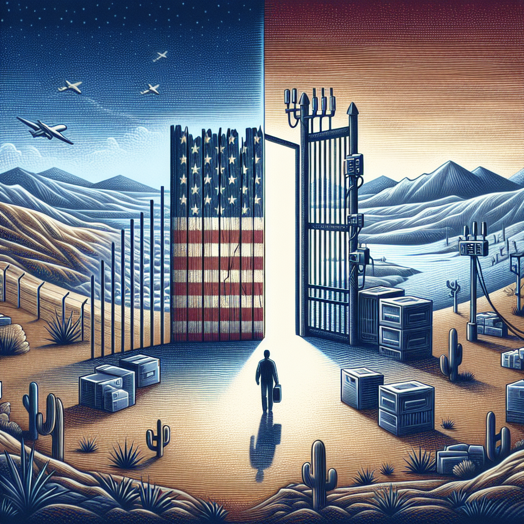 Show an abstract representation of US immigration policy changes. Visualize a large gate, symbolizing a country's border. The gate is transforming from an old, rustic door to a newer, more robust gate, indicating the policy update. Show the new gate equipped with advanced technology like surveillance cameras and biometric devices, which signifies improved security measures. Around this scene, depict diverse landscapes, such as desert, mountains and rivers to represent various natural borders. Note that this image should not contain any people to remain unbiased and sensitive to the complex issue of immigration.