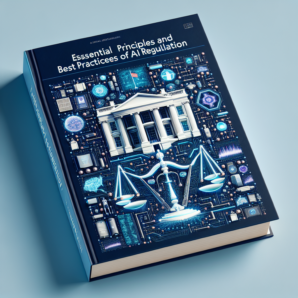 Visualize an authoritative textbook covering essential principles and best practices of AI regulation. The cover sports a symbolic blend of imagery: a well-organized grid of various AI elements like neural networks, algorithms, and robots; the White House, symbolic of policy-making authority; and the scales of justice, representative of regulation. Added to these are electronic map traces indicating global applicability. To complete the metaphor, the title is written in an elegant yet serious font. The overall color scheme is a sophisticated mix of blues and whites.