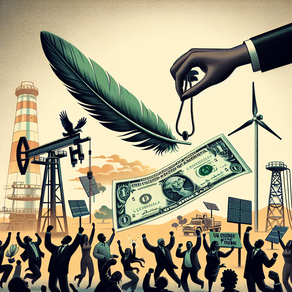 Visualize an illustrative representation depicting the dramatic fall of gas prices as a lightweight feather landing gently onto a green dollar note. Showcase a diverse group of people from various descents like Hispanic, South Asian, Black, and Caucasian cheering excitedly in the background. Populate the scenery with symbolic indications to US Energy like wind turbines, solar panels, an offshore drilling platform, and pipeline networks. Integrate a book labeled 'US Energy Policy Guide' prominently. Use a sober yet impactful color palette to deliver the message of the major shifts in US energy policy.