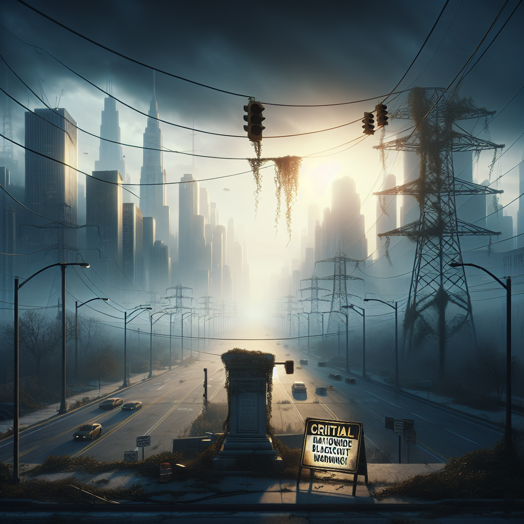 Generate an illustrative image that captures the subject matter of a serious article about power grid failure risks. Include a hazy, early morning skyline with towering, vacant skyscrapers. The once bustling city appears desolate due to a nationwide blackout. Streetlights and cars are immobilized. Light only comes from the rising sun in the backdrop, casting long, dramatic shadows. Foreground features a stone monument entwined in dead ivy, standing as a stark reminder of the civilization that once thrived. Suspended in the air is a large, caution sign saying 'Critical Nationwide Blackout Warning!'
