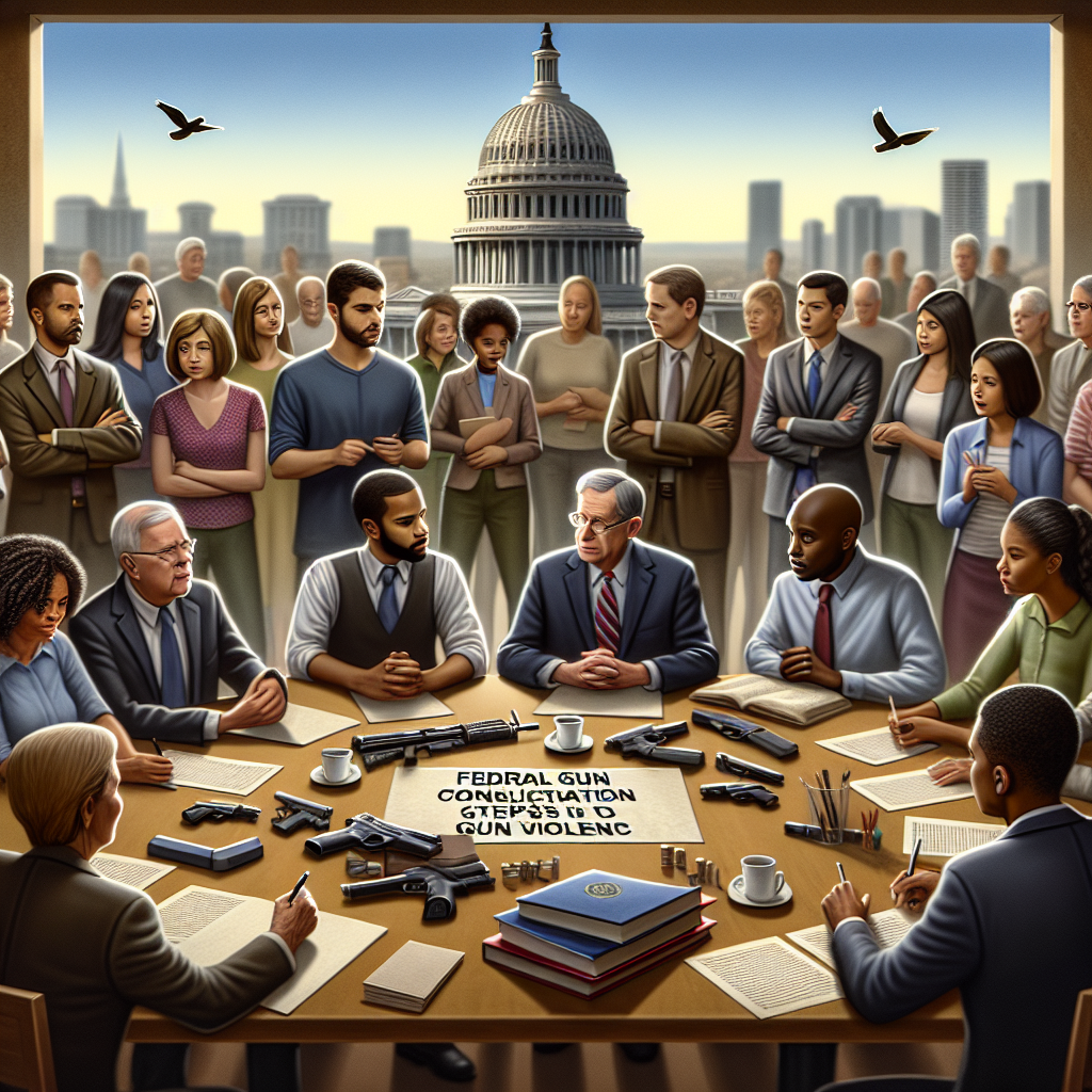 An image reflecting the topic of Federal Gun Control Legislation steps to combat gun violence. In the foreground, show a diverse group of people from various descents including Caucasian, Hispanic, Black, Middle-Eastern, and South Asian, engaging in a calm discussion. They're holding pens, notepads and standing around a table scattered with law books and a document labeled 'Gun Control Legislation'. In the backdrop, depict a peaceful cityscape under a clear, day sky. Emphasize the gathering's seriousness and the potential impact of their decisions on the cityscape behind them.
