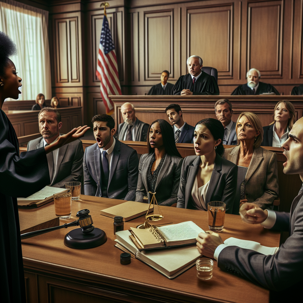 Visualize an intense courtroom scene. The focus of the image is a diverse mix of individuals: a Caucasian male judge presiding over the trial, a Black female prosecuting attorney delivering a passionate closing statement, a Middle-Eastern male defense attorney listening attentively, and a South Asian female jury member deep in thought. The courtroom architecture is traditional American style, with large wooden furniture and a striking American flag. Note, this image is to capture the gravity of high-stakes criminal trials, not specific real individuals.