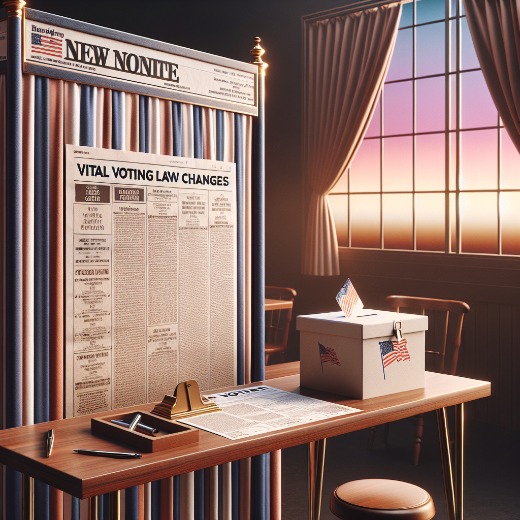 A detailed, high-quality depiction of a US voting booth with a ballot paper that showcases potential new laws and reforms related to voting. Elements include a classic voting booth design with curtains for privacy, a sturdy wooden table with a secured, closed ballot box, and a pen set next to the ballot paper. The headline of an article reading 'Vital Voting Law Changes' can be seen in the background slightly blurred, emphasizing the focus on the booth and ballot. A climactic gradient sunset out a window in the background symbolizes the end of one era and the anticipation of a new one. No people are present in the image.
