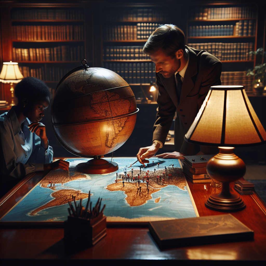 A study scene with an old wooden globe, symbolizing global security, on a polished mahogany desk, illuminated by a vintage table lamp, casting a warm glow. A Caucasian man and a Black woman, both in civilian attire, are deeply engrossed in studying a complex and intricately drawn map of the world laid out on the desk, symbolizing US military aid decisions. The map is marked with several pins, threads and notes, portraying strategic decisions. Shelves in the background hold books related to global strategy, geopolitics, military history, and diplomacy. The ambiance is serene and focused.