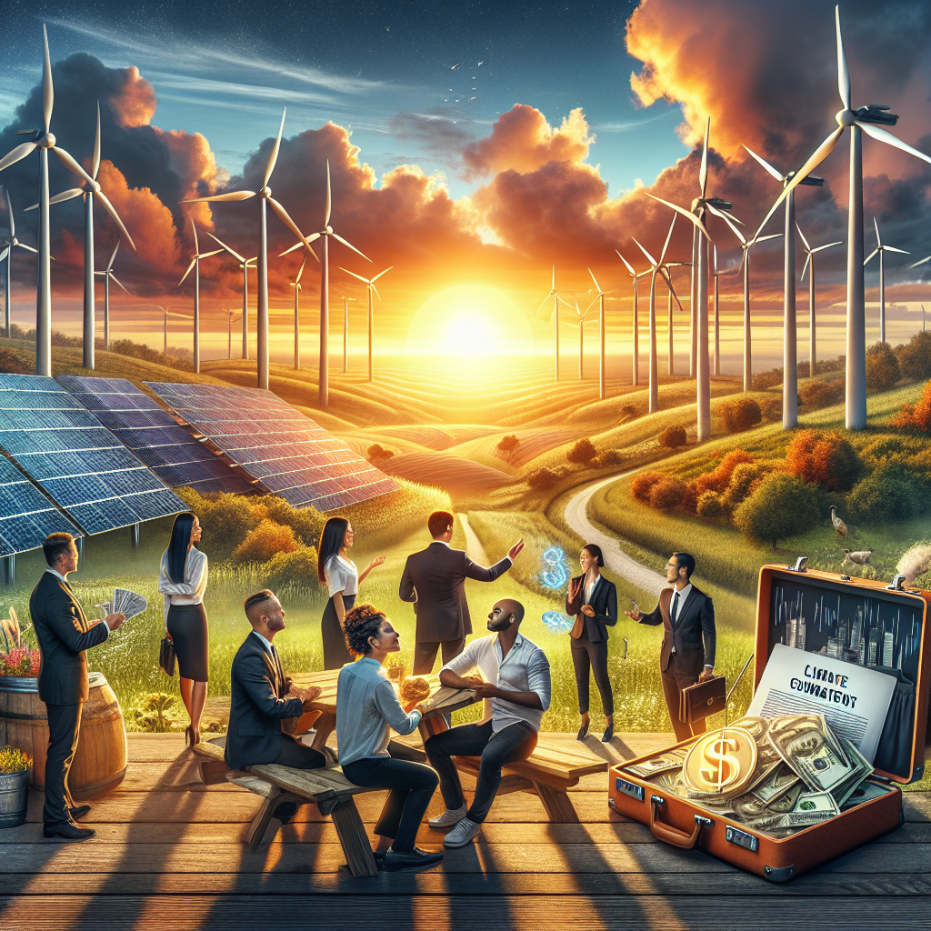 A stunning panoramic image that displays the setting sun over the horizon, casting a warm golden light on a landscape of wind turbines, solar panels, and lush green vegetation. Nearby, we see a diverse group of people - a Caucasian woman, a Hispanic man, a Black woman and a Middle-Eastern man, all dressed in business attire, discussing and pointing towards the renewable energy sources. In the foreground, there's an open briefcase on a picnic table with monetary symbols representing investments, and a document titled 'Climate Change Legislation'. The image embodies the concept of clean energy investment as a crucial strategy for climate change legislation.