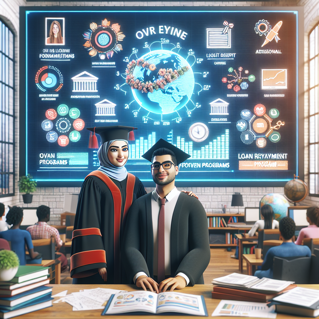 Imagine a detailed scene inside an educational institute's office packed with diverse students. A Middle-Eastern female student in graduation robes and a South Asian male educator are both looking at a large screen displaying a detailed infographic regarding different loan forgiveness programs. The infographic includes elements like charts, graphs, and icons representing various aspects of loan repayment programs. The bright and positive look on the students' faces reflects the relief and bright prospects these programs offer. The room also includes elements reflecting an academic environment, such as bookshelves, a globe, and a desk with academic paperwork.