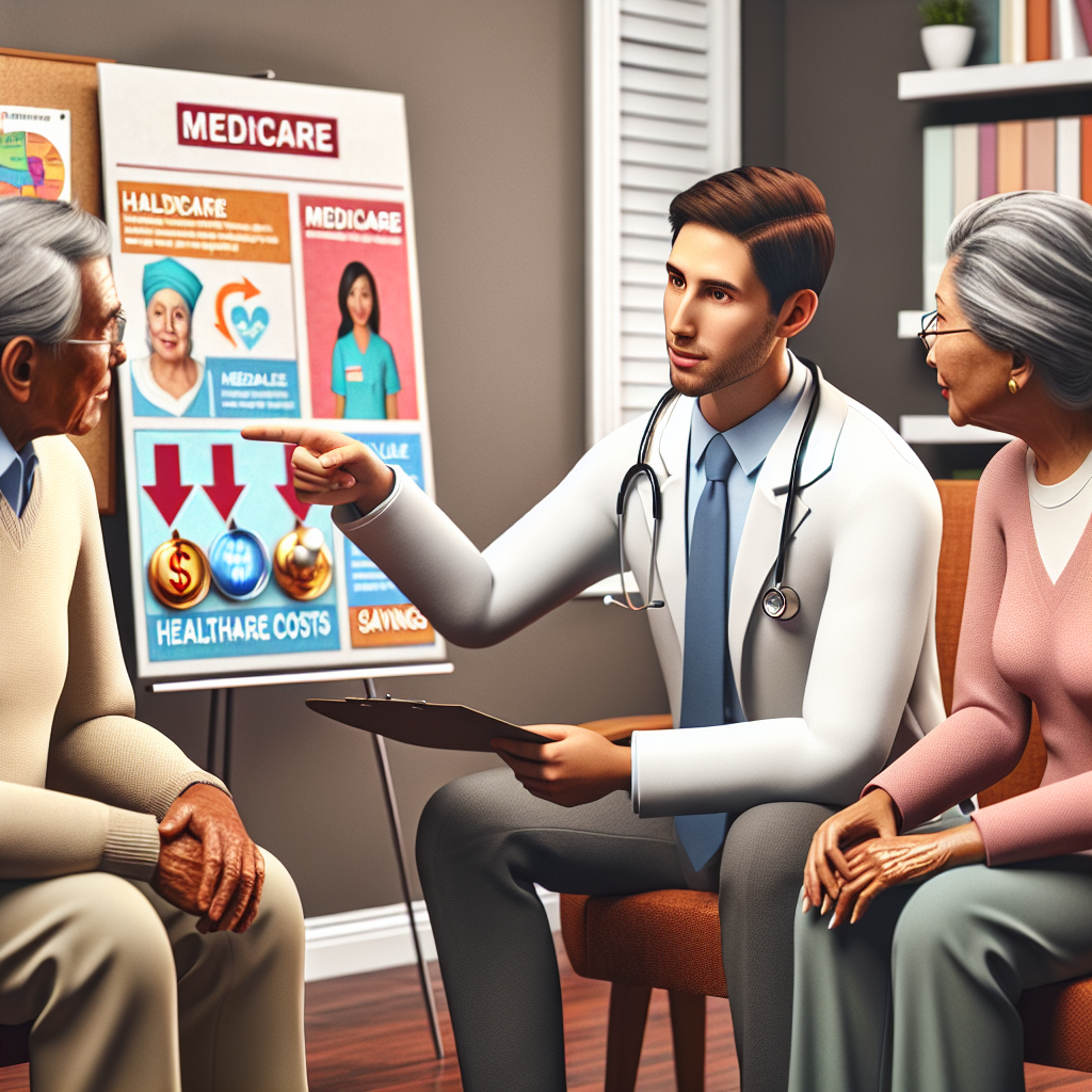 A detailed representation of a Caucasian male healthcare professional explaining changes in the Medicare system to an elderly Hispanic woman and an Asian man. They are sitting comfortably in a warm, welcoming office, surrounded by charts and documents related to healthcare costs. The professional is pointing towards a colorful board with labels like 'Medicare', 'Healthcare Costs', and 'Savings' with arrows indicating a reduction. The expressions on their faces show alertness and understanding, reflecting the effortless nature of the ways to cut healthcare costs.