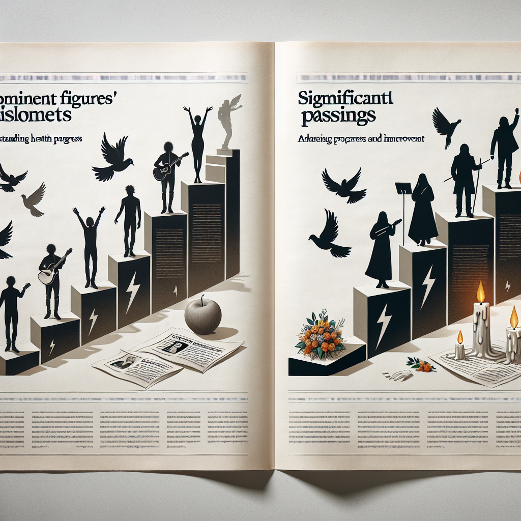 A graphic representation of a newspaper article titled ‘Prominent Figures' Milestones: Outstanding Health Progress and Significant Passings’. The article has two sections. The left side shows an uplifting image of anonymous figures, representing musicians, artists, authors, and athletes, reaching new heights in their wellness journey, with infographics to indicate improvement. The right side portrays a tastefully done memorial column for nameless prominent figures who have recently left us, with symbolic motifs like doves, black ribbons, and candles. The setting is neutral and balances the gravity and optimism of the subjects.