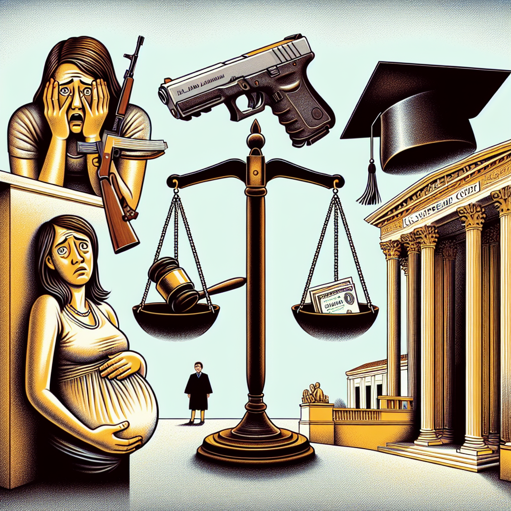An intricate illustration depicting the impact of legal judgments: Symbolizing abortion, a pregnant woman in front of a courthouse, her expression filled with expectation and worry. As for gun laws, a scale balanced by a gun on one side and gavel on the other. For student loans, a distressed graduate clutching a degree with a price tag attached, standing next to a law book. Note the U.S. Supreme Court building in the background, representing the source of these influential rulings. Make sure to convey the tension and anticipation in the air.