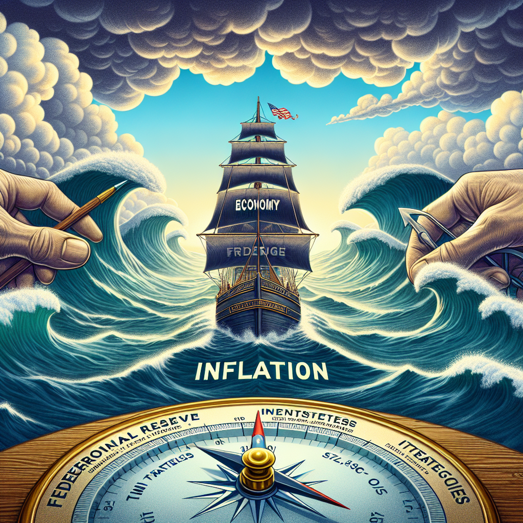 An illustrative concept representing the Federal Reserve's monetary policy decisions affecting inflation. At the center of the image is a symbolic ship labeled 'Economy', navigating through tumultuous waters representing inflation. The ship is adjusted by giant hands, symbolizing the Federal Reserve, using tools like interest rates to stabilize the ship. The sky indicates uncertainty, filled with stormy clouds on one side and clear skies on the other, representative of the unpredictable economic climate. A compass, labeled 'Strategies' in the corner indicates the direction towards the clearer skies signifying smart navigation strategies amidst inflation.