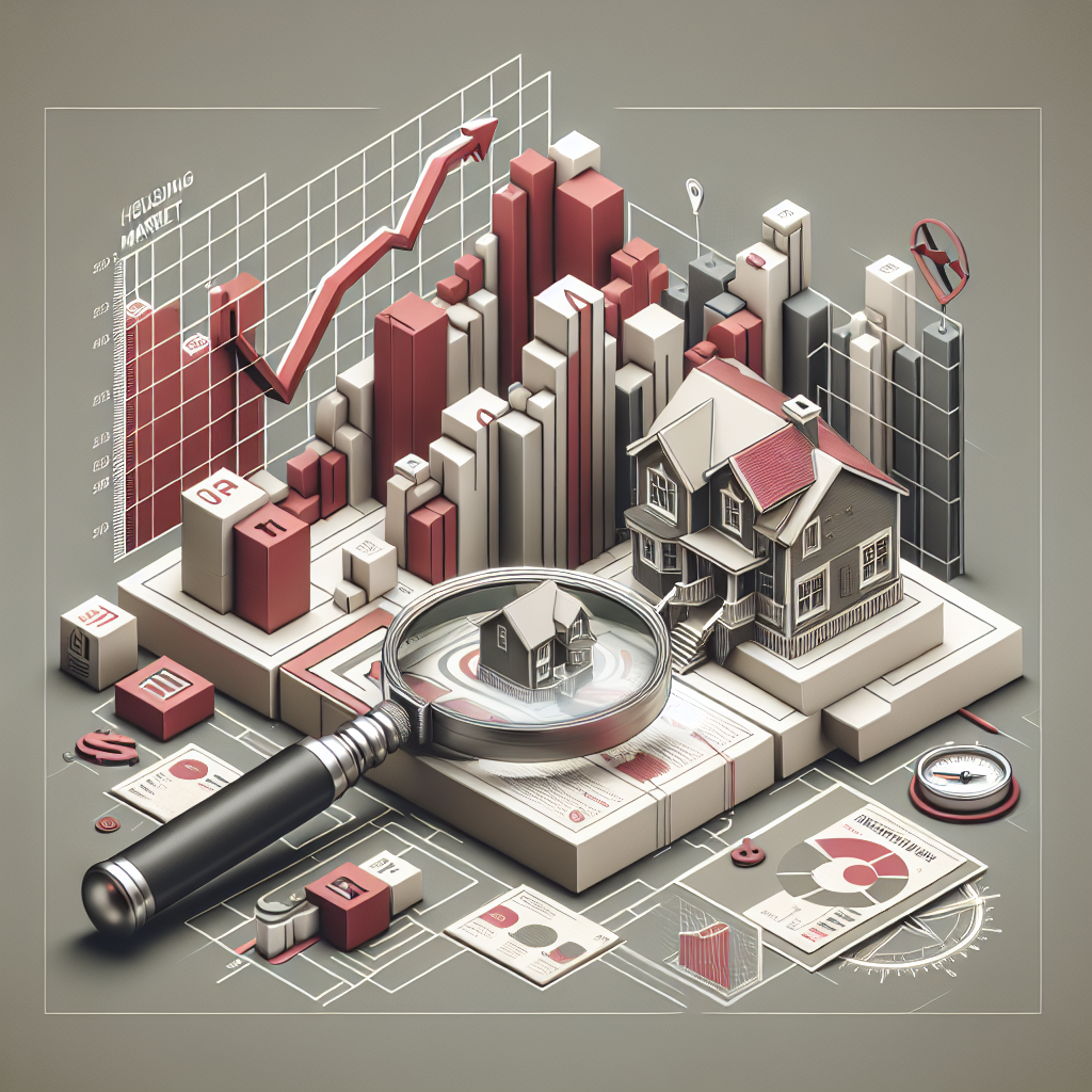 A conceptual representation of the US housing market crisis with elements like a housing graph indicating declining house prices and escalating mortgage rates, with design elements resembling a maze or labyrinth to signify 'navigating'. A magnifying glass examining the housing graph on one side, indicating 'guide', and on the other side, a compass pointing towards a safer path, symbolizing 'Must-Have'. Please ensure the image communicates a sense of urgency and caution, with a muted color palette possibly consisting of shades of red, grey and white to resonate with financial troubles.