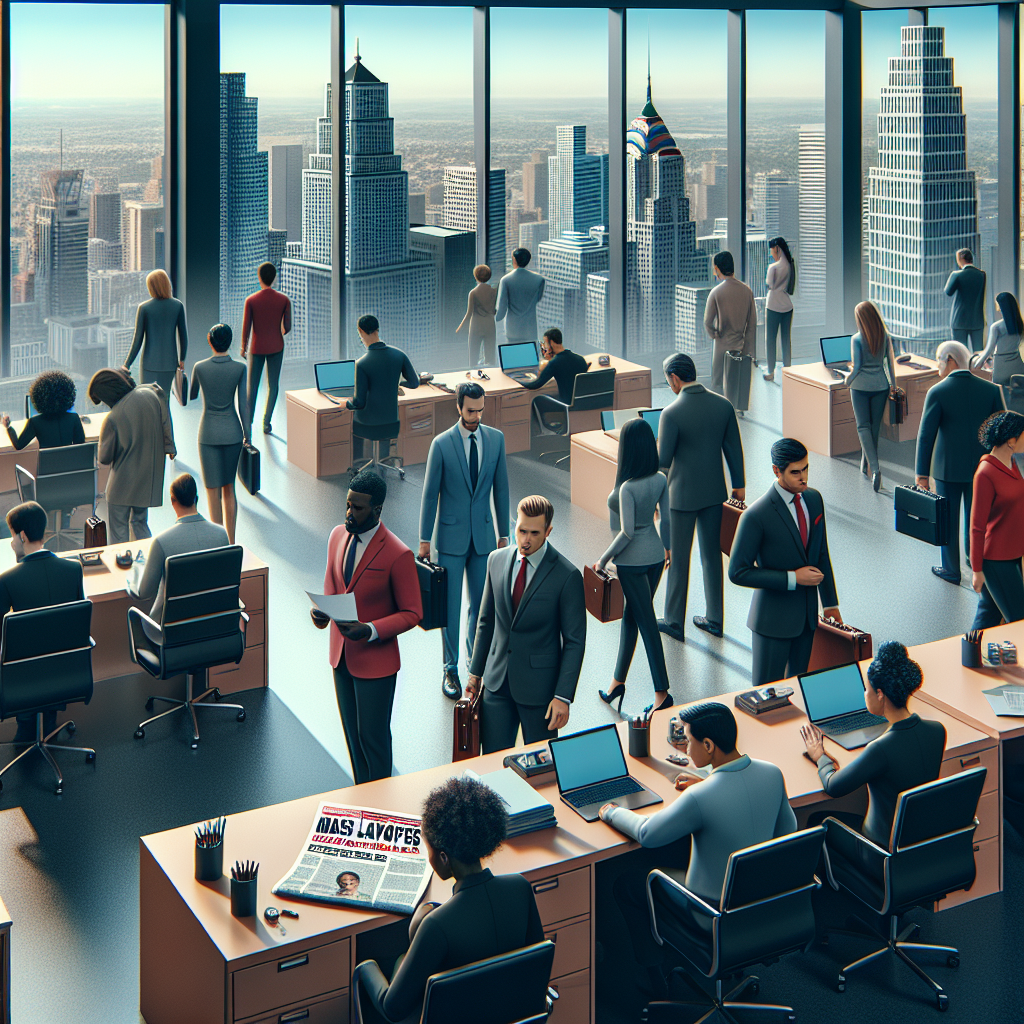 An image depicting corporate office buildings representing tech giants, with a diverse set of employees clearing their desks. The people are of various descents including Black, Caucasian, Hispanic, South Asian, and Middle-Eastern, and are both male and female. The atmosphere is tense, signifying a mass layoff scenario. A newspaper or magazine lies on one of the desks with the headline 'Mass Layoffs in Tech Giants' visible. The backdrop of the scene is a cityscape showcasing a stark contrast between the bustling city life and the uncertain atmosphere inside the office.