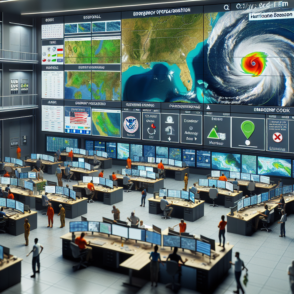 An image depicting a high-tech emergency operations center filled with various people of different descents and genders working diligently. Monitor screens prominently display real-time maps, weather updates, and emergency preparedness plans. One screen features an animated radar image of a significant, approaching hurricane. Nearby, a bulletin board holds pinned alerts and updates about the current hurricane season. The atmosphere is one of urgency but also of professionalism and readiness, capturing the vital role of FEMA during hurricane season.