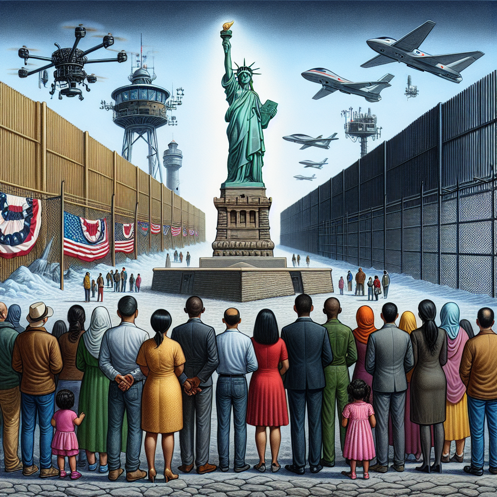 Possibilities of the new U.S. immigration policy changes visualized as a detailed illustration. Picture on the left side reflects a welcoming symbol, classic Statue of Liberty, and on the right side, a fortified boundary wall with advanced security features such as high-tech surveillance cameras and drones in the sky above. In the center, a mixed group of people, depicted as potential immigrants, stand, looking towards both the welcoming symbol and the enhanced border. Each person is of a different descent and gender: a Caucasian woman, a Hispanic man, a Black child, a Middle-Eastern elderly woman, and a South Asian young man.