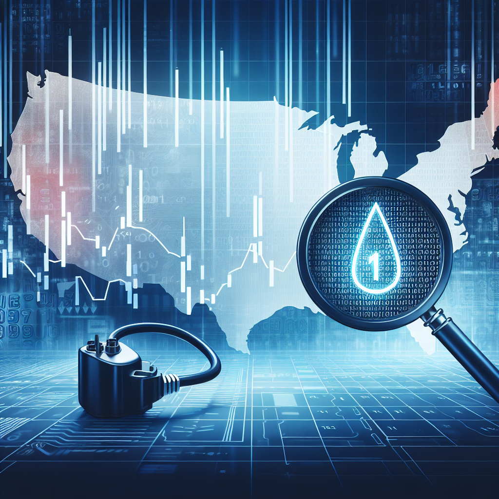 A graphic representation of a significant drop in gas prices set against the background of the United States map. Include binary symbols indicating a shift in energy policies. Feature a magnifying glass analyzing these symbols signifying an in-depth analysis. Also depict a line graph showing the trend of the decrease in gas prices over time.