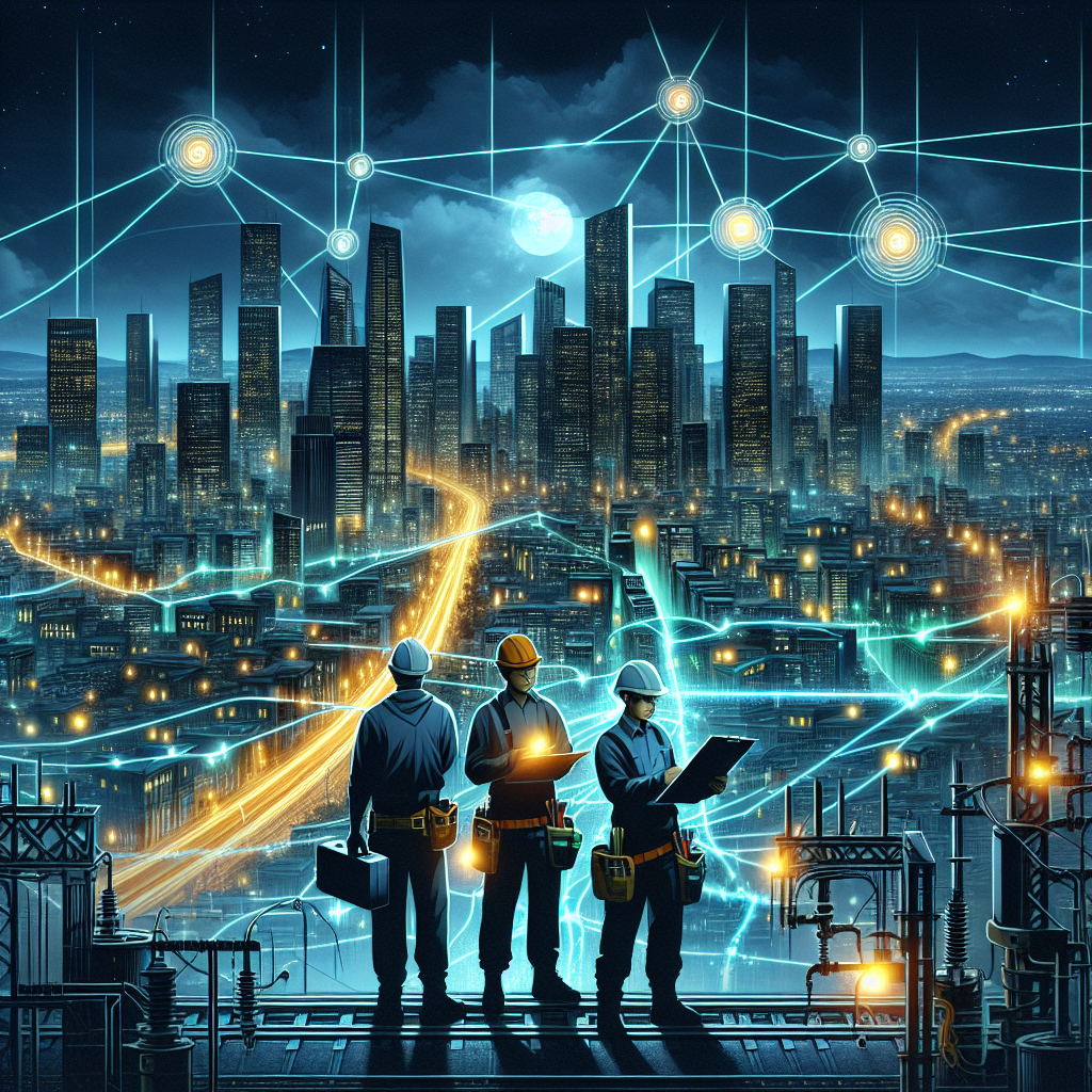 Depict a scene of a sprawling city with towering skyscrapers under a deep twilight sky. Demonstrate the dependency of the city on power by having a network of interconnected electrical grid represented as glowing lines hovering above the city. Also show some high-tech workers, an equal mix of South Asian male, Black Female, and Hispanic male, trying to fix a visibly problematic part of the grid. These three people are wearing safety gear, equipped with clipboards and toolkits. At the center of the image, include a visible list of vital tips to prevent power grid failure.