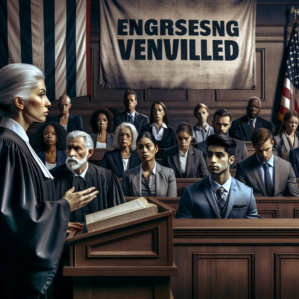 A dramatic courtroom setting evoking a sense of intense anticipation. The silver-haired female judge in a black robe, a diverse jury composed of people of various descents and genders, a dedicated Hispanic male lawyer sternly presenting his evidence, while a youthful South Asian male defendant nervously awaits the future, all set against the backdrop of the US flags. A large banner overhead reads, 'Engrossing Verdicts Unveiled'. There's an air of tension, with everyone in the room focused on understanding the complex narrative of high-profile criminal trials.