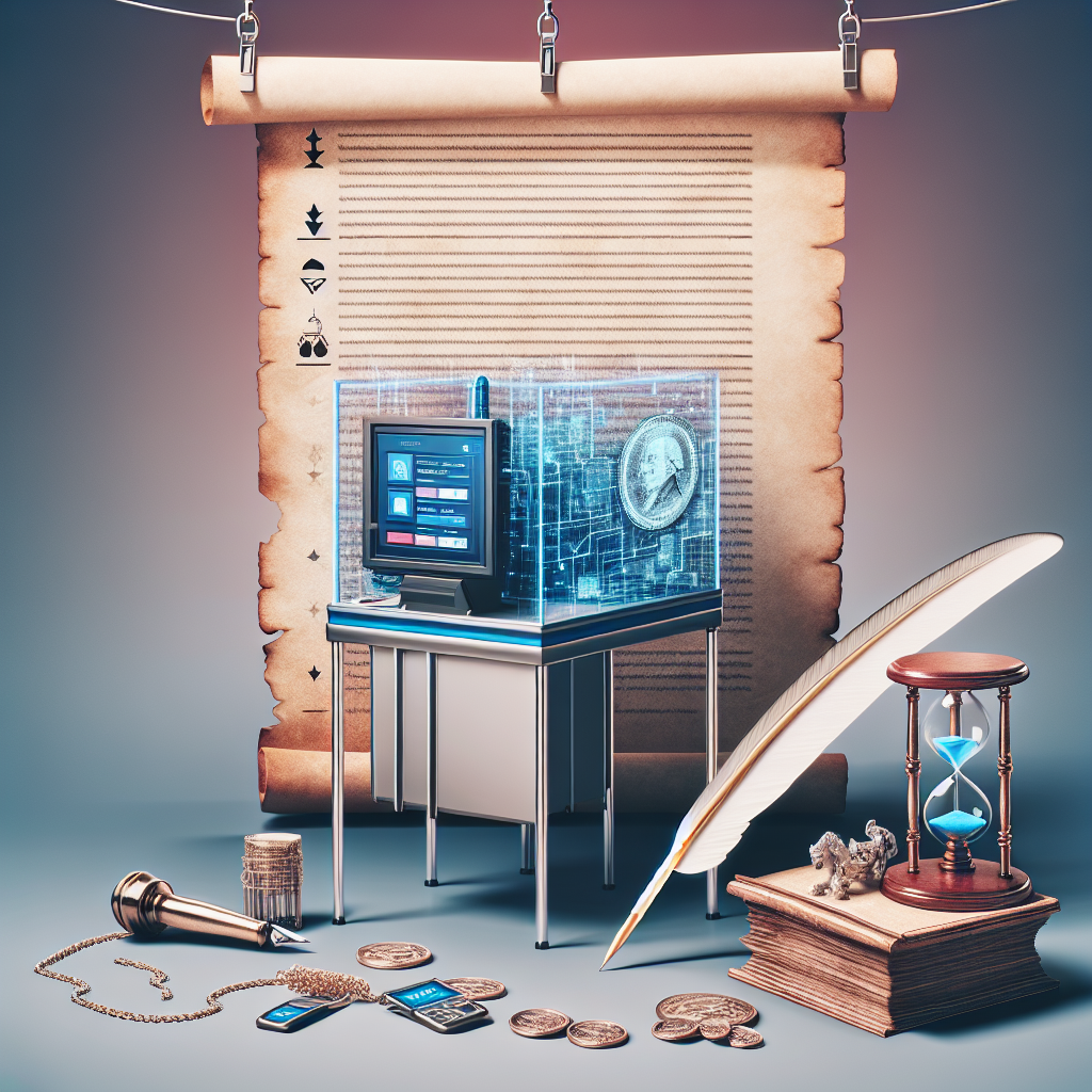 A digital illustration showcasing the concept of voting law changes within a democratic system. The image should depict a modern-day voting booth with new technological advancements, such as touchscreens and biometric identifiers, to signify the 'revolutionary updates'. Close by, include symbolic items: a quill on a traditional parchment as an echo of old voting laws, and an hourglass representing time and change. Please don't include any specific political party symbols or representation of real individuals.