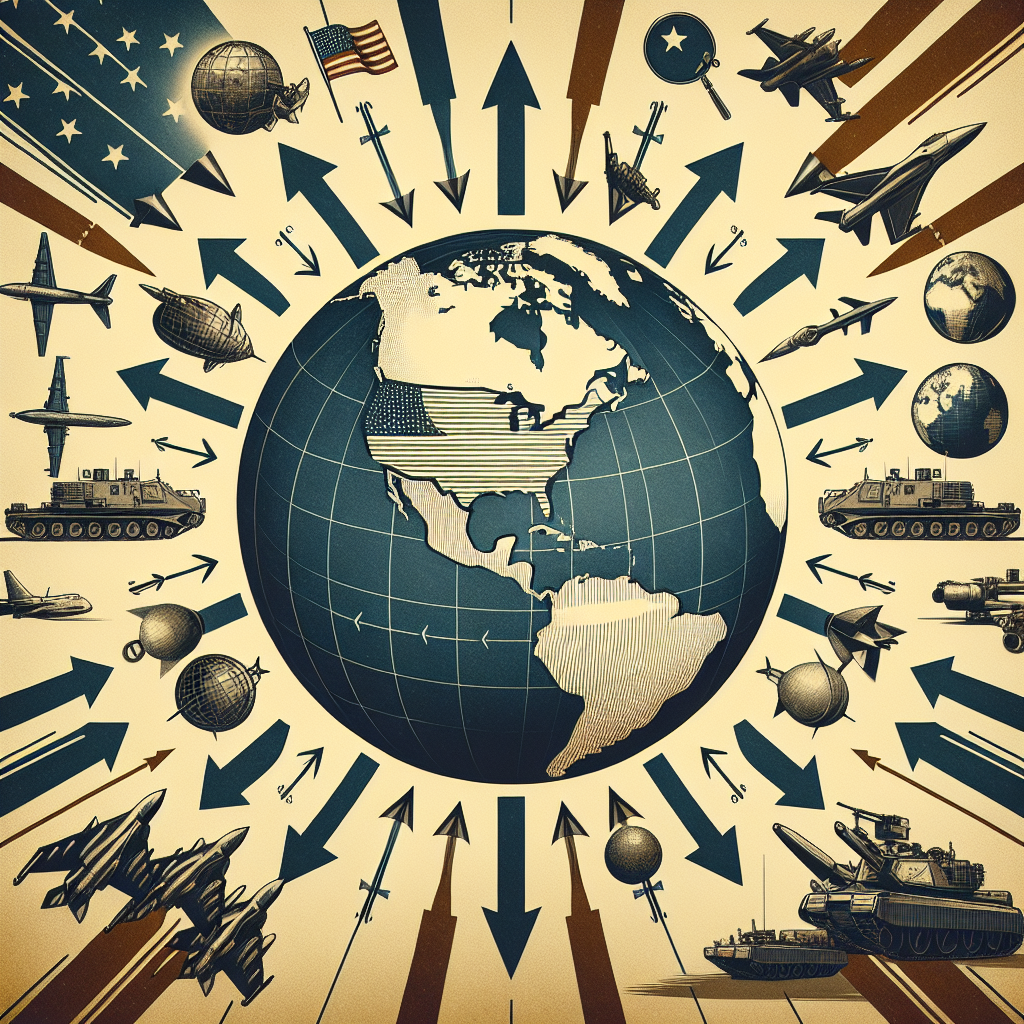 An abstract concept illustration conveying the topic of US Military aid's effect on worldwide security. Picture a globe at the center, displaying all the continents unmistakably. Dividing the globe into quadrants are arrows originating from the United States, symbolizing the flow of aid. Surrounding the Earth are various military symbols such as tanks, jets, and cargo ships, implying their deployment in different parts of the world. The ambiance of the image should be neutral, neither overly glorious nor ominous, to signify the complex and multifaceted nature of global security matters.