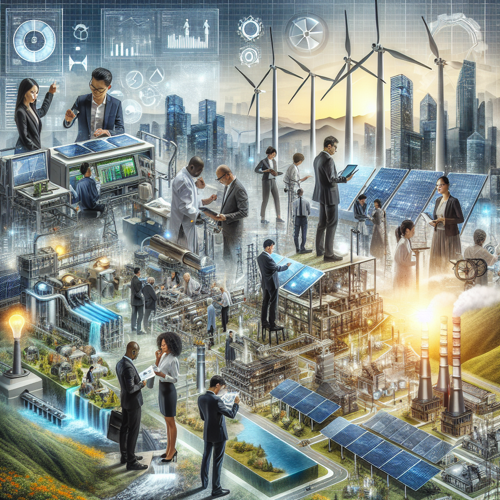 An eco-conscious world deeply engrossed in the process of clean energy investments. Display a detailed, futuristic city landscape utilizing various sustainable energy sources such as solar panels, wind turbines, and hydro-power facilities. Include diverse people working together, showing a pair of East Asian engineers inspecting solar panels, a Black woman scientist viewing data on wind energy efficiency, and a group of Middle Eastern men and women studying a model of a hydro-power facility. The foreground should reflect the theme 'Solutions for Climate Change'.