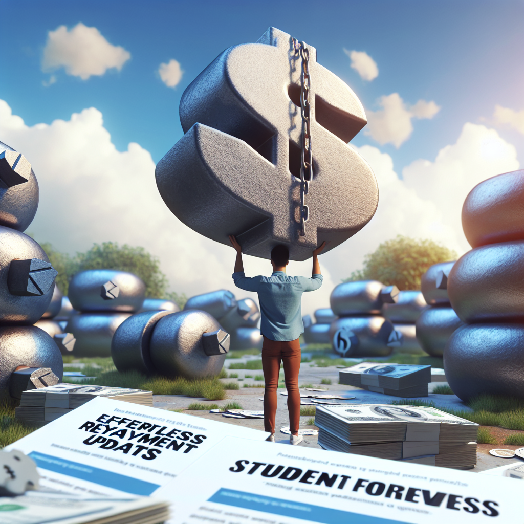 Visualize a scene depicting the concept of student loan forgiveness. Picture a stack of large, heavy lead weights, each shaped like a dollar sign, symbolizing the burden of student debt being lifted from a person's shoulders. In the background, have a clear, sunny sky symbolizing hope and a better future. On the ground, spread out a series of papers with the headings 'Effortless Repayment Updates' and 'Student Loan Forgiveness' to suggest reducing debt and financial worries. The individual is of Asian descent and non-binary.