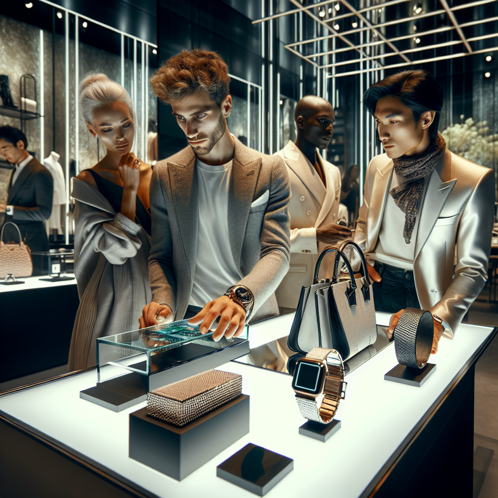 An engaging scene unfolding in a high-end luxury store. In the foreground, three fashion-forward individuals of diverse descents and genders are browsing the latest trendy items. The Hispanic male customer is interested in a sleek, futuristic gadget, while the white female customer is captivated by an eco-friendly designer handbag. A stylish South Asian non-binary individual is examining a luxurious timepiece. Bright spotlights illuminate the modern and stylish interior with its polished glass counters, sleek metal displays, and various must-have products arranged in aesthetic displays. The atmosphere is buzzing with the exciting energy of new and notable milestone products.